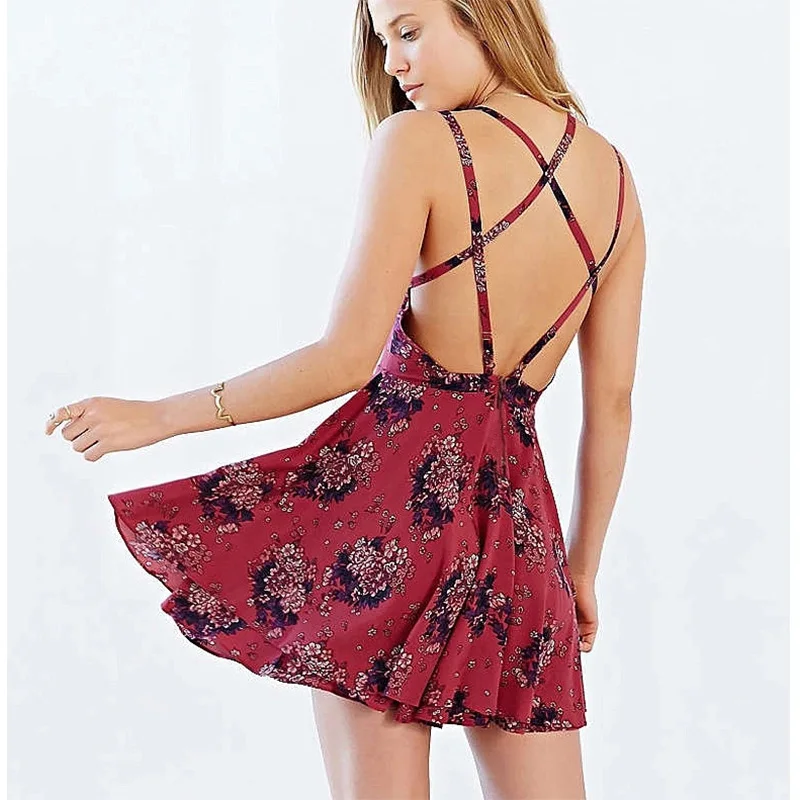 Пляжное летнее платье 2017 длиной выше колена плюс размер печати женское v-образным