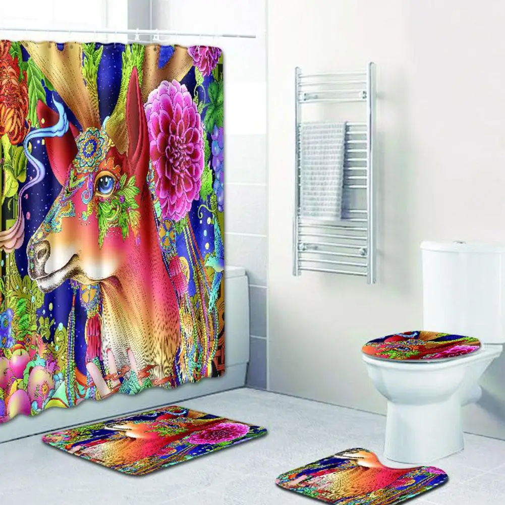 8 4pcs / set Elk series Printed Pattern Shower Curtain Pedestal Carpet Lid Toilet Cover Mat Bath Mat Set Bathroom Curtains with 12 hooks - Цвет: 8