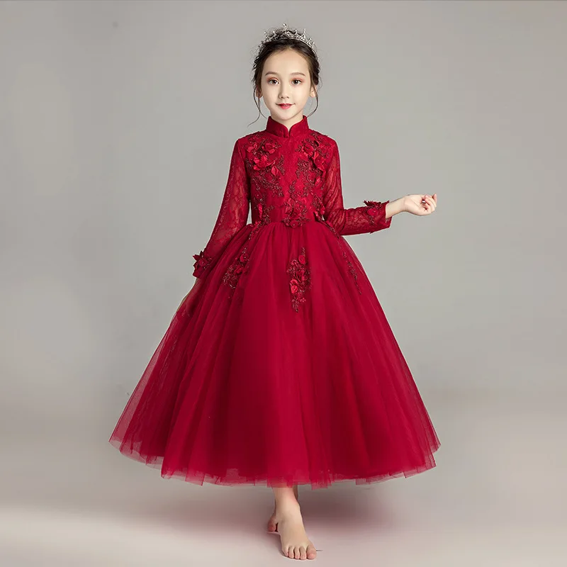 

Chinese Traditional Cheongsam Wind Luxury Wine Red Long Sleeve Qipao Princess Girls Lace Child Baby Birthday Wedding Dresses