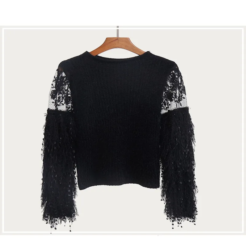 Свитер Женский вязаный однотонный с кружевными рукавами | Женская одежда