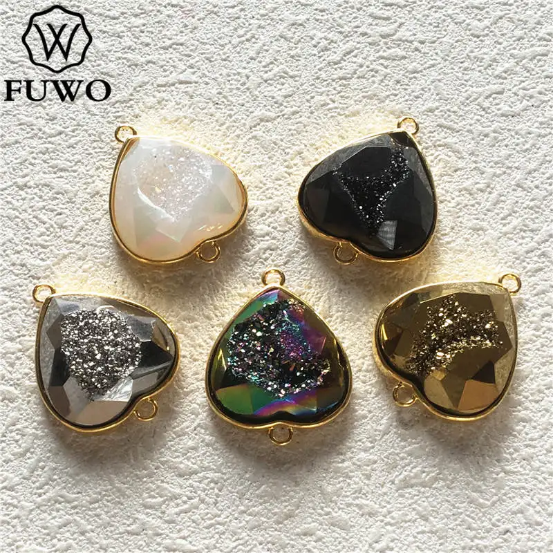 FUWO модный Радужный кулон в форме Сердца Druzy граненый аура соединитель кварц с