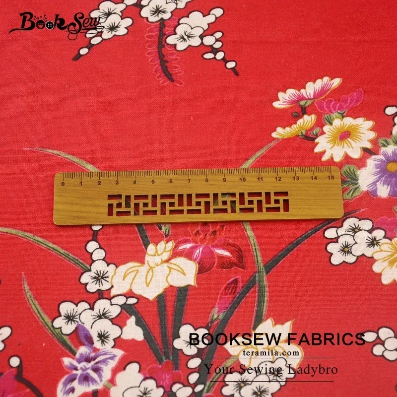 Тканевая ткань Booksew из натурального хлопка и льна с цветочным принтом красная для