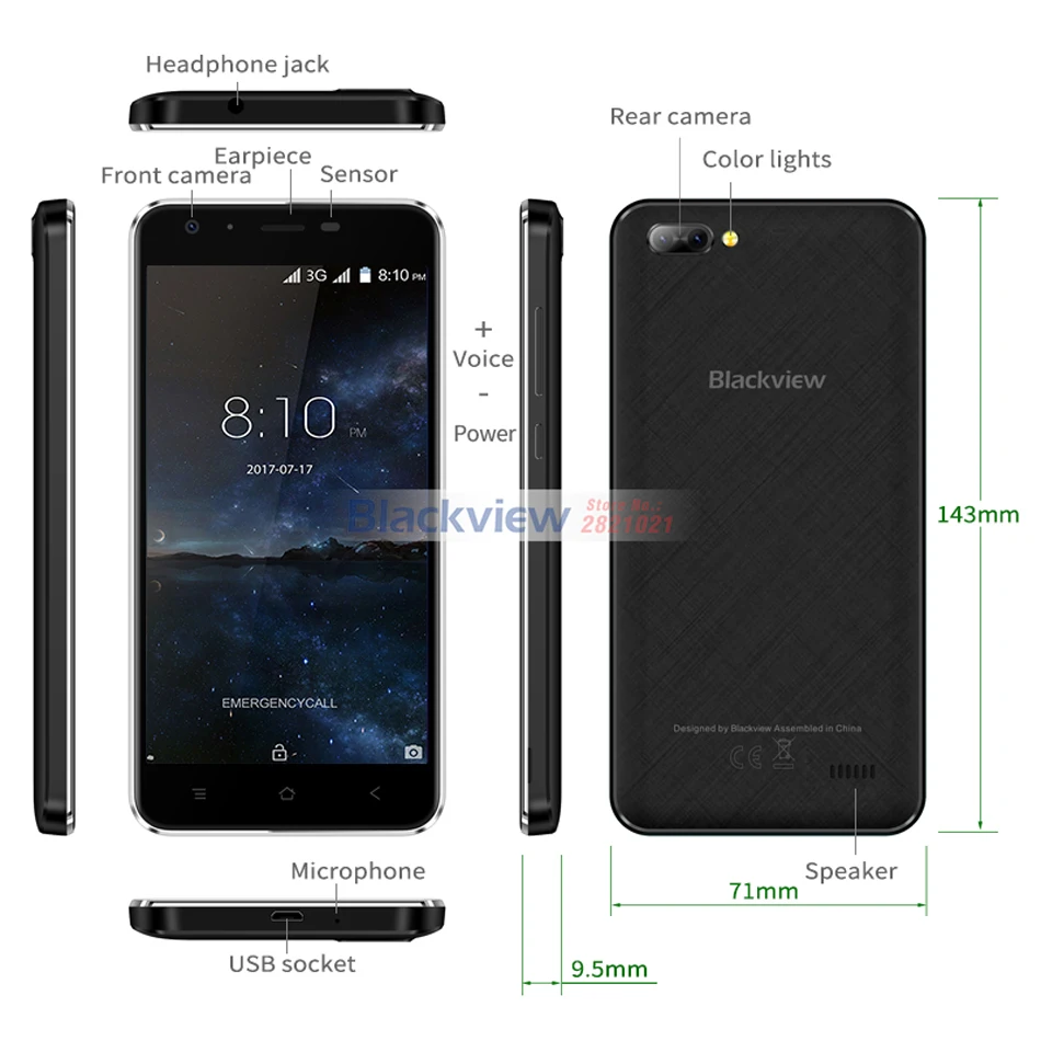 Blackview A7 мобильный телефон Android 7,0 MTK6580A четырехъядерный 5," 1 ГБ 8 ГБ 3 камеры 3g WCDMA 2800 мАч Dual SIM смартфон