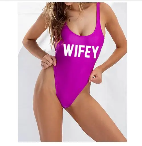 

WIFEY funny letter print swimsuit women swimwear bodysuit bathing suits jumpsuit rompers beachwear backless suit