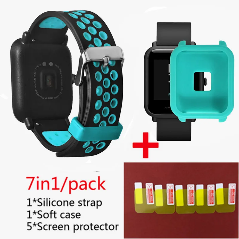 blue 1 Для Xiaomi Huami Amazfit Bip Lightwei ремешок rhythm Lite young умные часы my braceket fit+ силиконовые полосы+ мягкий чехол+ 5 экранная пленка - Цвет: blue 1