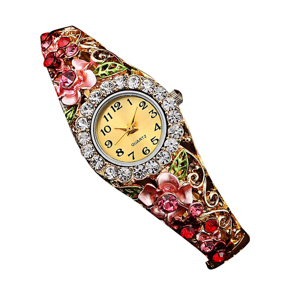 Red Montre, роскошный браслет с цветами, часы для женщин, сплав, ремешок для часов, кварцевые часы, женское платье, Кристальный циферблат, наручные часы для девушек# Zer - Цвет: Red