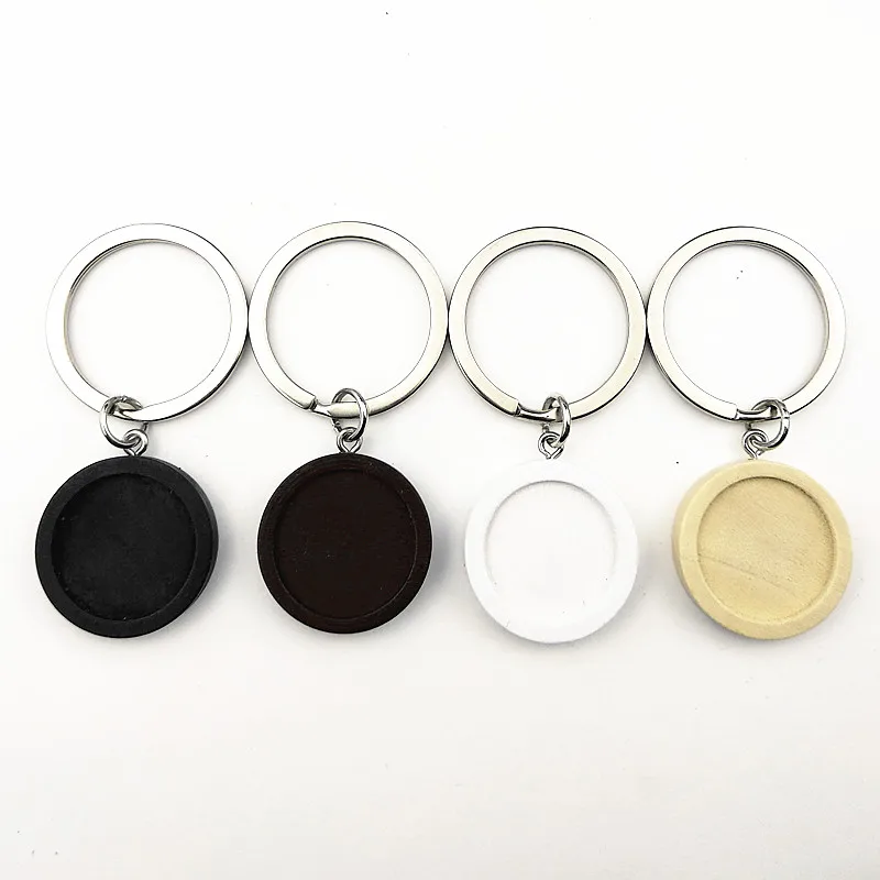 

24pcs Dark brown,black,white,log wood cabochon trays 20mm dia blank bezel with stainless steel ring for keychain making