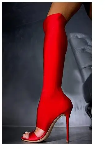 Классические босоножки из эластичной ткани женские выше колена с открытым