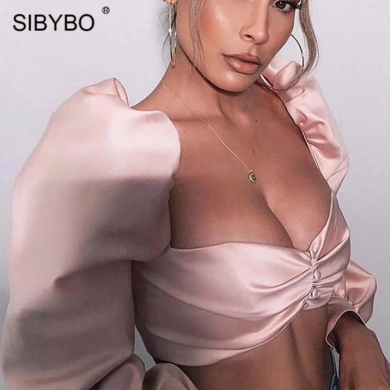 Sibybo, плиссированный сексуальный укороченный Топ без бретелек, женская мода, длинный рукав, пуговицы, тонкая женская футболка, однотонная, открытая спина, повседневные женские топы