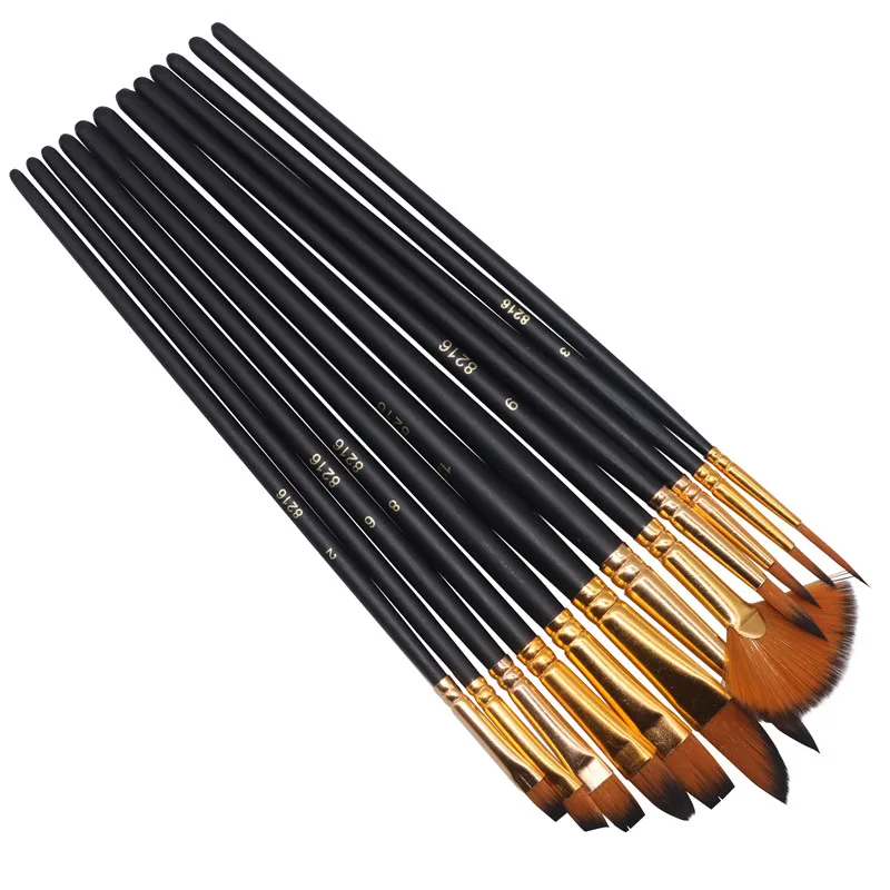 black 12 pcs A340 12 шт./партия кисти для рисования, черный, красный, синий, тонкая кисть для рисования, нейлоновая кисть для волос, офисные и школьные художественные наборы, масляные пастельные принадлежности - Цвет: black 12 pcs A340