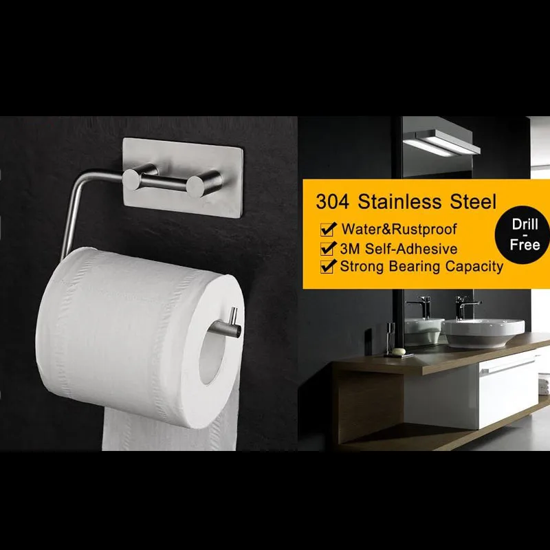 Self Adhesive Toilet Paper Holder SUS 304 Stainless Steel Tissue Roll Hanger No Drill Heavy Duty Waterproof Modern Wall Mounted |