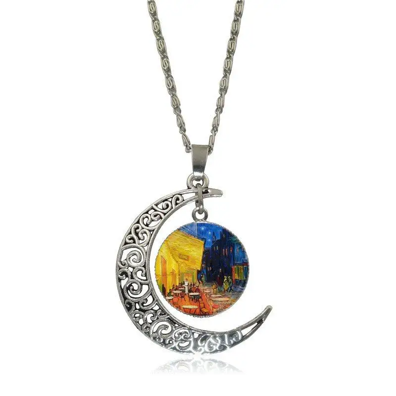 EJ Glaze Van Gogh Cafe Terrace Necklace Fashion Long Chain With Crescent Shaped Jewelry For Women Jewellery | Украшения и