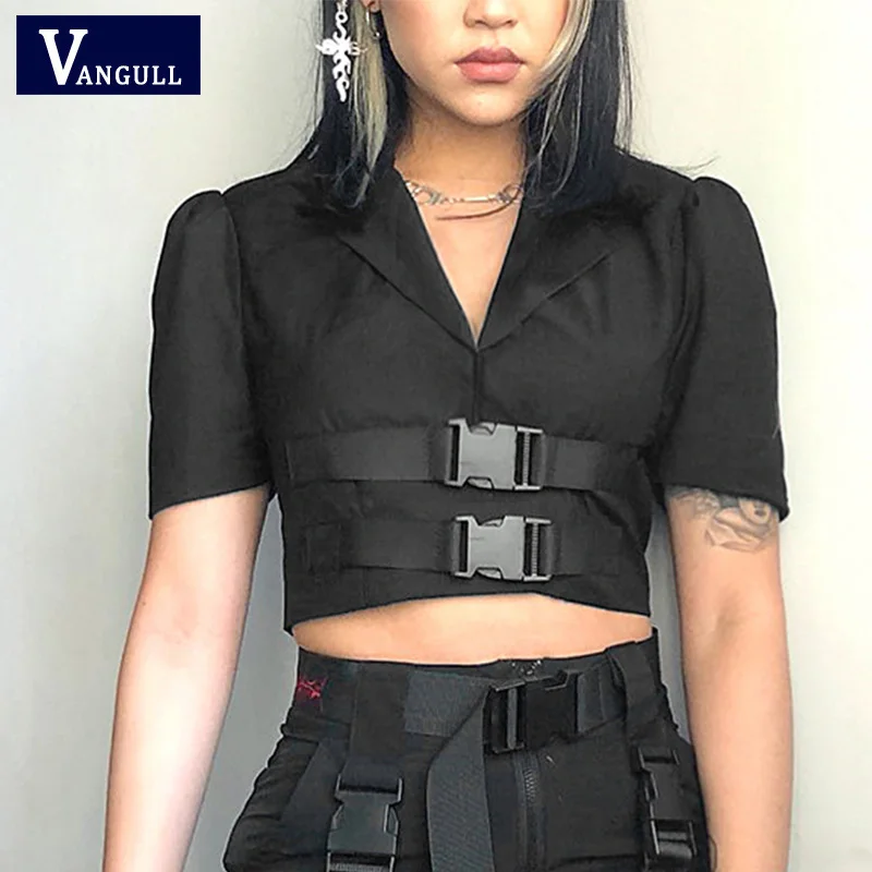 Vangull новый черный Высокая Талия куртка Лето 2019 Для женщин отложным воротником Crop
