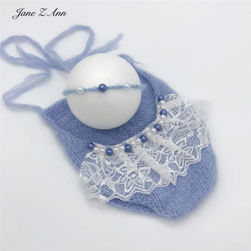 Jane Z Ann/Одежда для фотосъемки новорожденных; Детская повязка на голову с жемчугом из мохера+ мягкий боди для студийной фотосъемки - Цвет: light blue