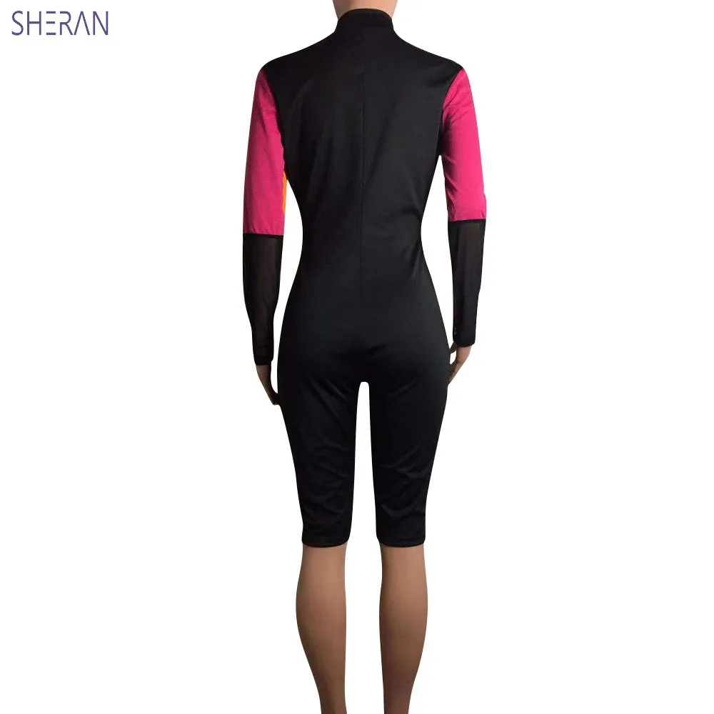 

2019 Spring Mesh Splicing Playsuit Womens Streetwear Front Zipper Long Sleeve Moto Biker Shorts Jumpsuit Sexy Playsuit Romper