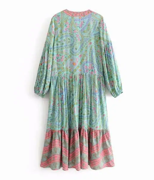 Bohemian Open Buttons Deep V neck Location Floral print Dress Ethnic Woman Long Sleeve Ruffles Maxi Beach Swing Dresses | Женская одежда