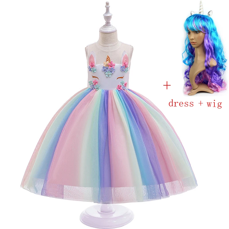 Платье для девочек с радужным единорогом вечерние платья париком головной