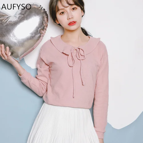 

Милая футболка женская, весна 2020, в Корейском стиле, повседневная, на шнуровке, с воротником в стиле Питера Пэна, с длинным рукавом, женские т...