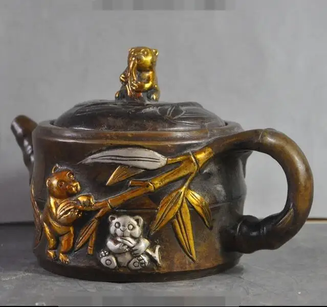 Отмеченная старинная китайская бронза позолоченная панда бамбуковый