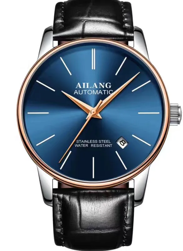 New Arrival AILANG Simple Business Watch Cool Blue Glass Men Watches Automatic Calendar Watches 316L Leather Montre homme W195