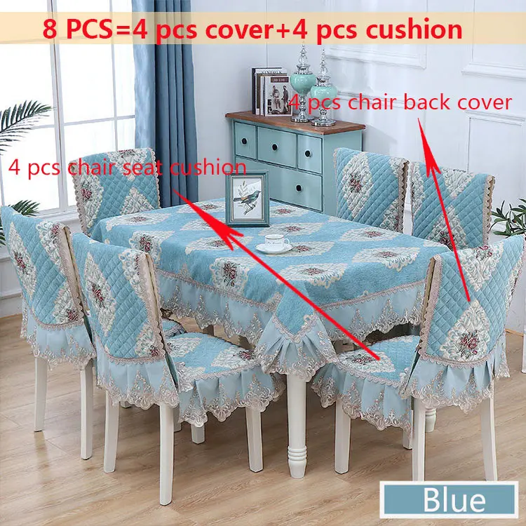 Blue 8pcs Европейский жаккард кружевная скатерть подол прямоугольные скатерти чехлы для стульев Подушка смывающаяся печать цветок белая ткань 130*180 см - Цвет: Blue 8pcs