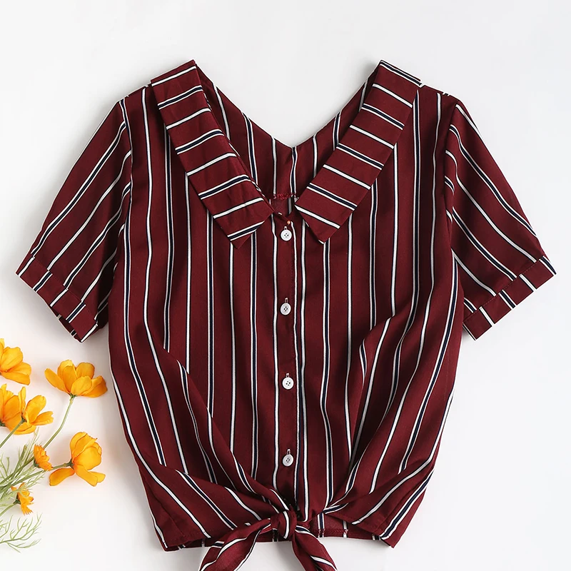 ZAFUL отложной воротник полосатая Повседневная рубашка Топы и блузки шифон Harajuku