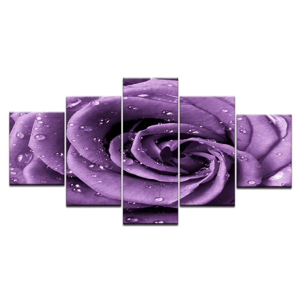 5 панелей HD Печать росы на фиолетовых розах настенные плакаты печать холсте