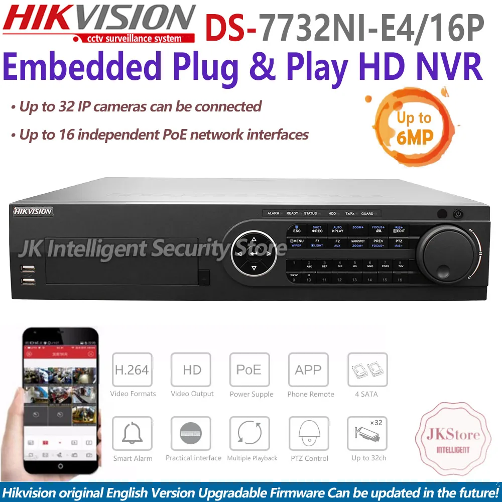DS 7732NI E4/16 P Hikvision английская версия 32CH NVR 4SATA сетевой видеорегистратор 16 POE портов 6MP