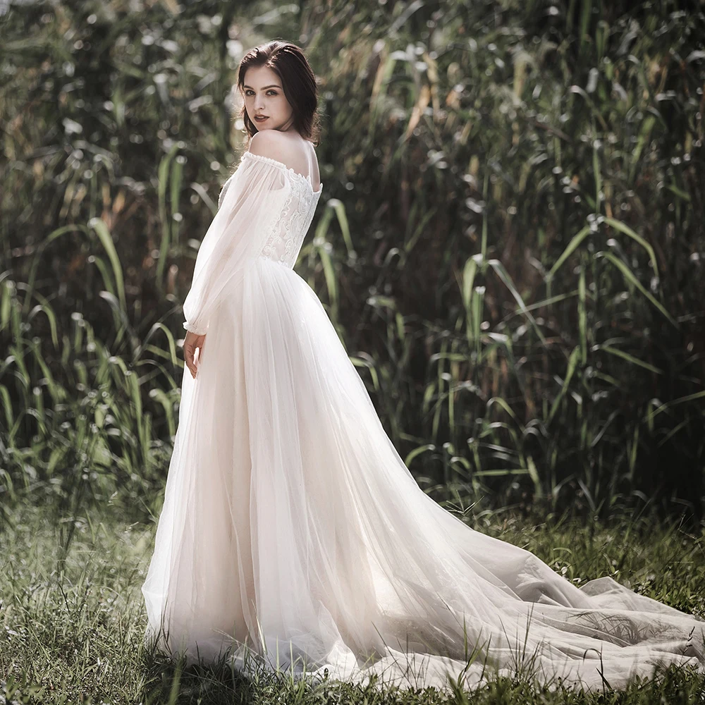 Luxury Boat Neck Sequin Beading Lace Vestidos De Novia Fairy Tulle Off The Shoulder Maxi Wedding Dresses Marriage Bridal Gowns | Свадьбы и