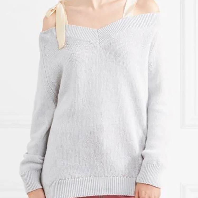 100% goat cashmere knit women fashion slash neck pullover sweater bowknot sling shoulder mid-long H-straight wide loose S/M/L | Женская