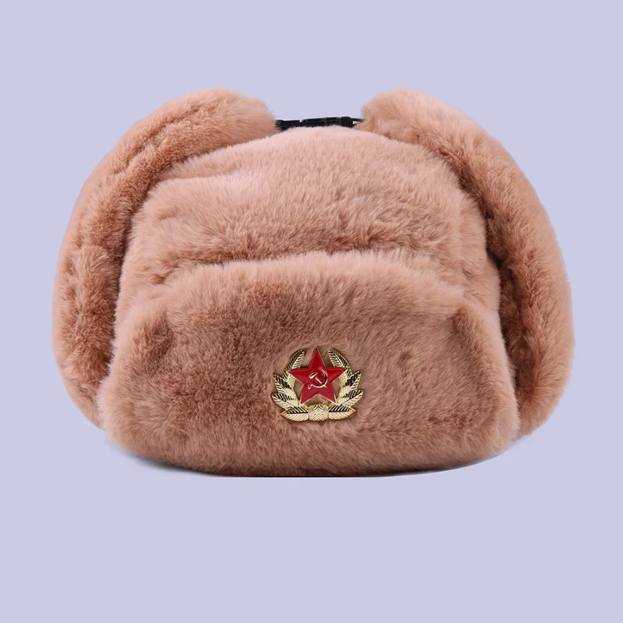 Soviet Badge Ushanka Russian Men Women Winter Hats Faux Rabbit Fur Army Military Bomber Hat Cossack Trapper Earflap Snow Ski Cap - Цвет: Khaki