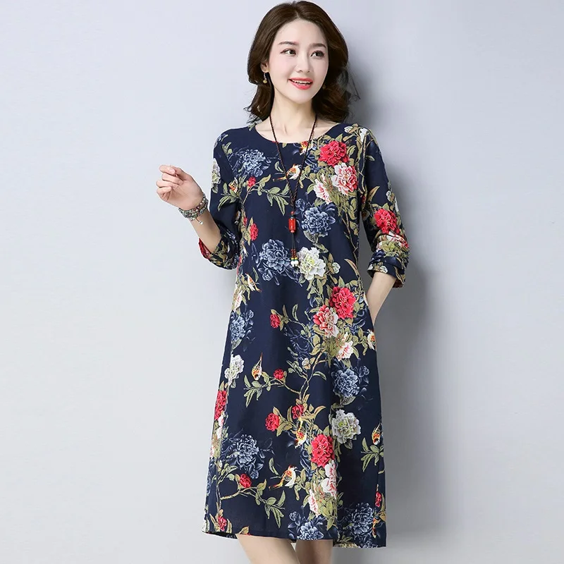 Женское винтажное платье миди с длинным рукавом размера плюс из хлопка и льна