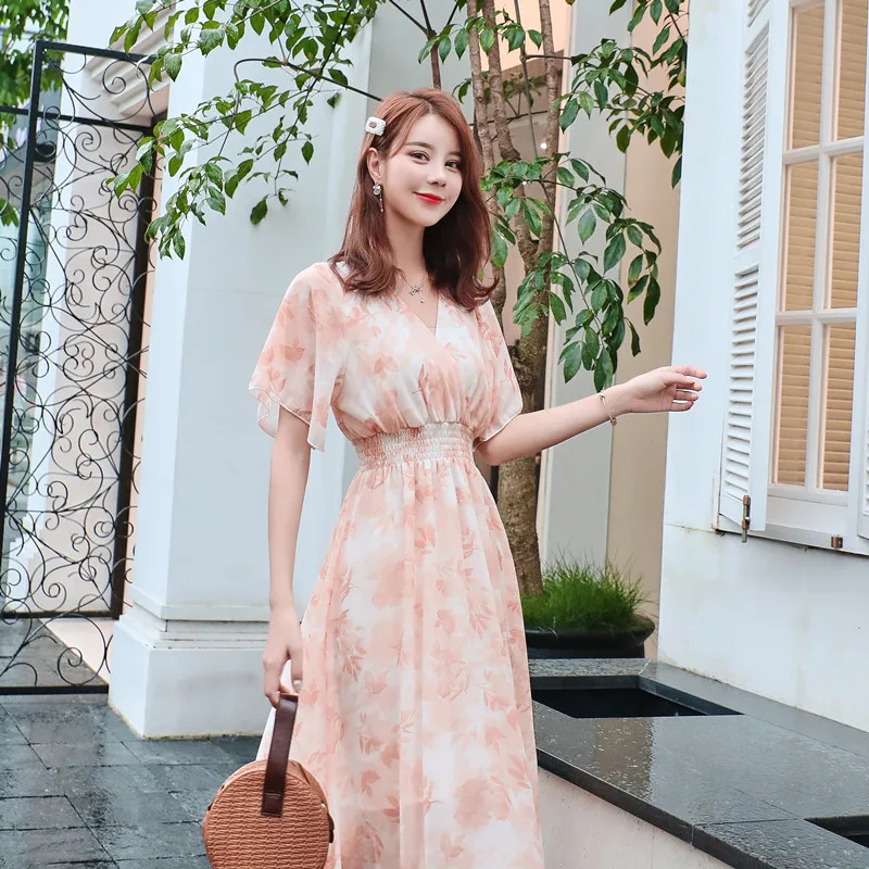 

Summer Chiffon Print Midi Dress Women Pink Casual Boho Elegant Short-sleeved V-neck Large Swing Beach Vintage Club Party Dresses