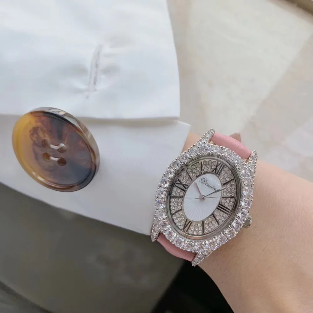 

Luxury Rhinestones Jewelry Watches for Women Elegant Sweet Pink Leather Wristwatch Vintage Roman Number Oval Watch Quartz Montre