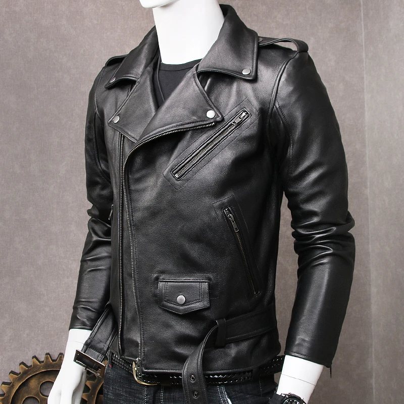 Куртка мужская Тонкая из натуральной кожи мотоциклетная куртка с поясом