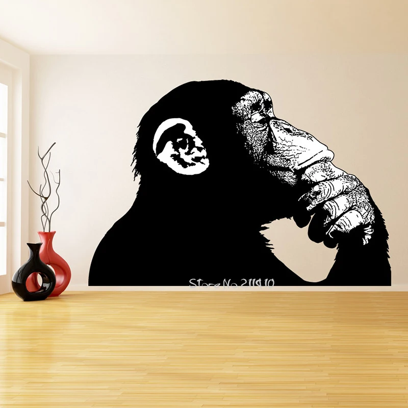 

Large Size Black Monkey Thinking Wall Stickers Removable Vinyl Wall Decal Realistic Smart Ape Street Art Graffiti Mural A630