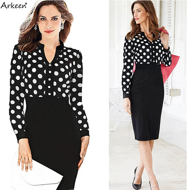 Женщины Формальные 2017 элегантные вечерние в горошек платья карандаш лоскутное