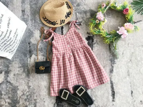 Платье для маленьких девочек летнее клетчатое платье на бретельках розовое