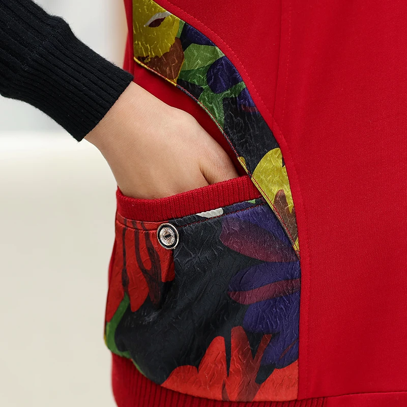 

Middle-aged woman Elegant fashion Vest spring and autumn thin style polyester Splicing printing lapel zipper Pocket plus-size
