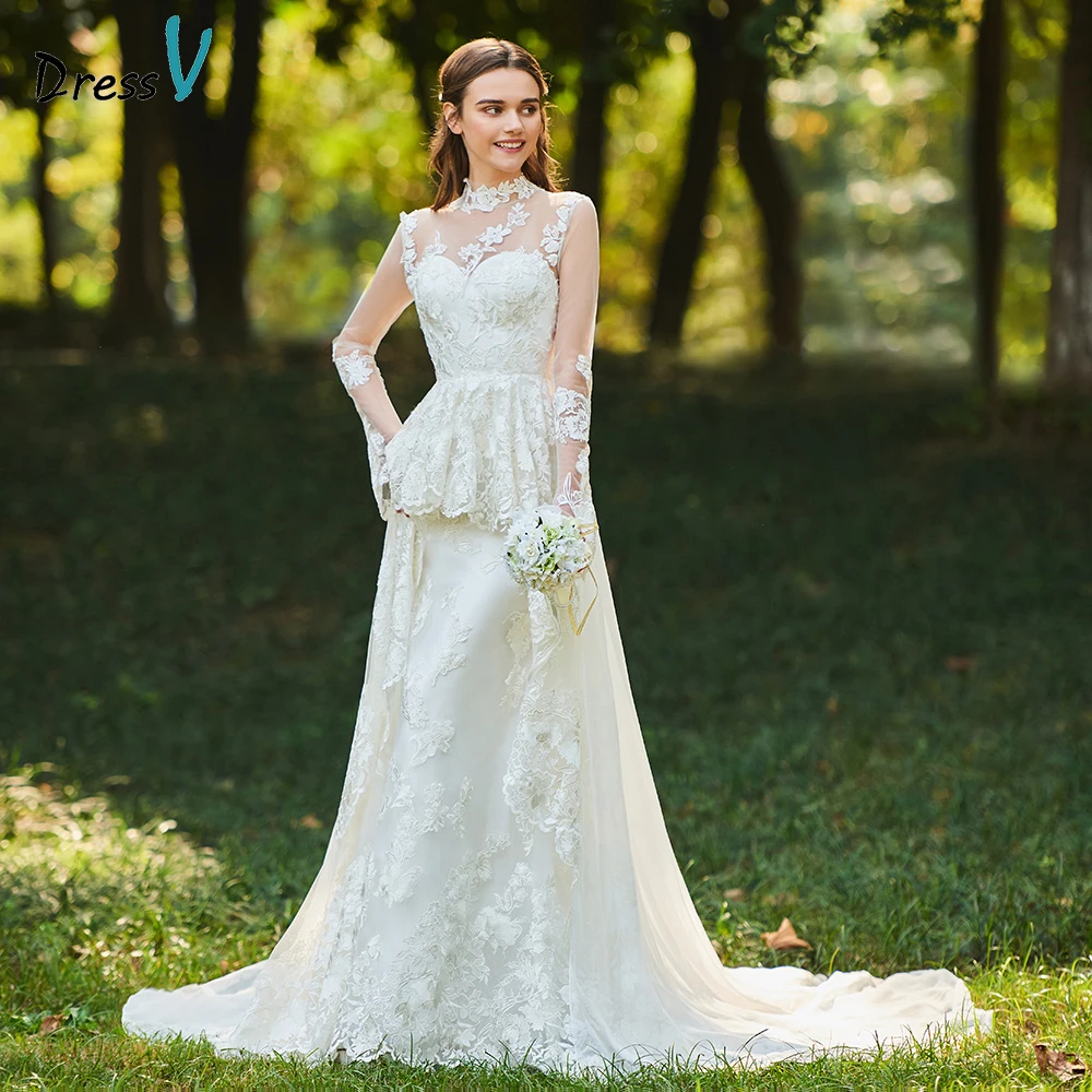 

Dressv ivory wedding dress high neck a line bridal long sleeves button elegant outdoor&church beading appliques wedding dresses