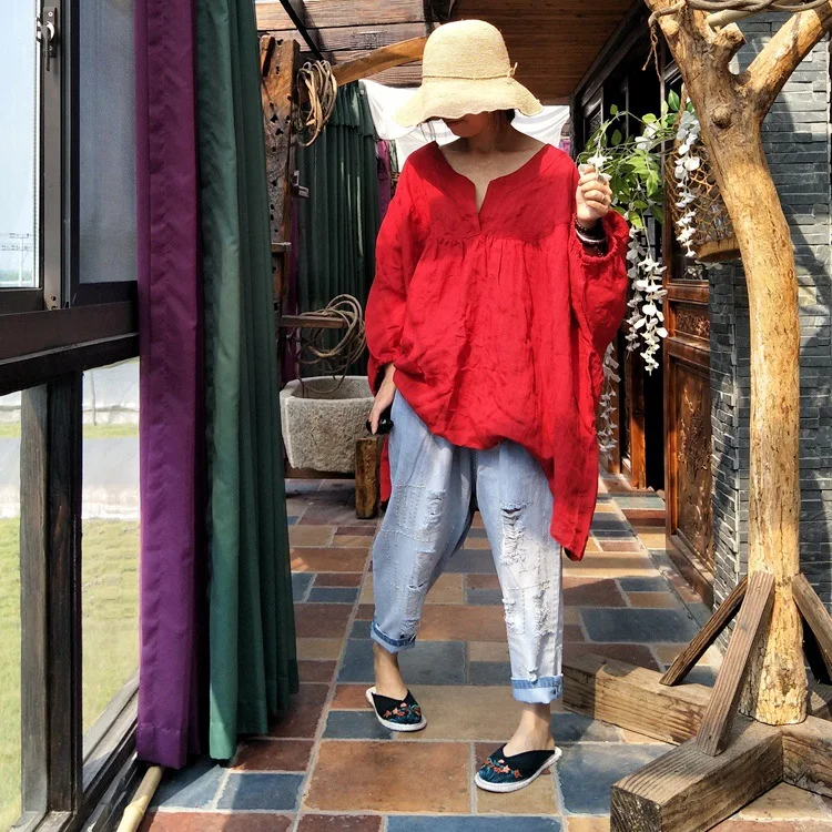 Новинка 2018 Женская Осенняя однотонная льняная Милая рубашка berif с V-образным