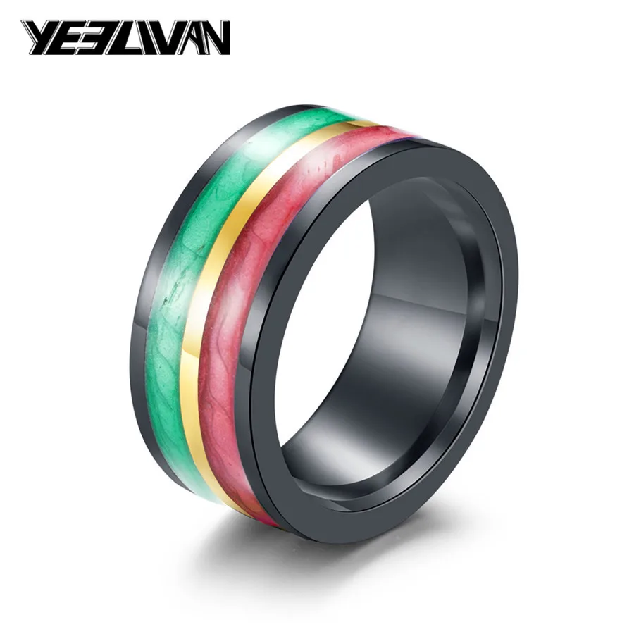 

New Enamel Rainbow Wedding Rings for Women Men Fashion Tungsten Black Steel Blue Green Color 10MM Wide Biker Rings anillo hombre
