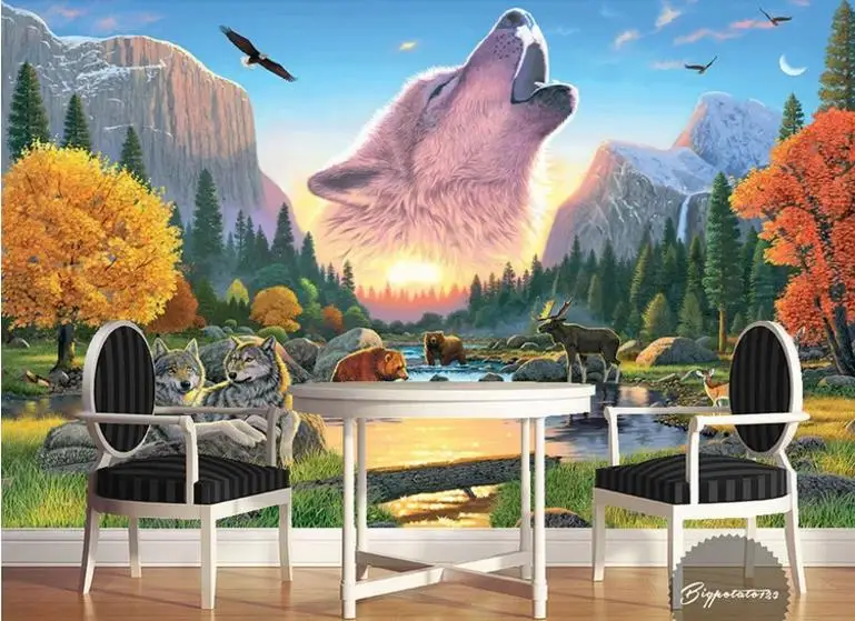 Пользовательские 3d фотообои для гостиной лес озеро голова Волка обои домашний