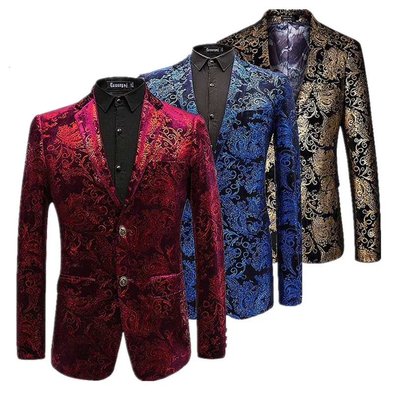 

Бархатный серебристый Блейзер, мужские цветочные Куртки с пейсли-рисунком, винно-красная золотистая сценическая куртка, элегантный свадеб...