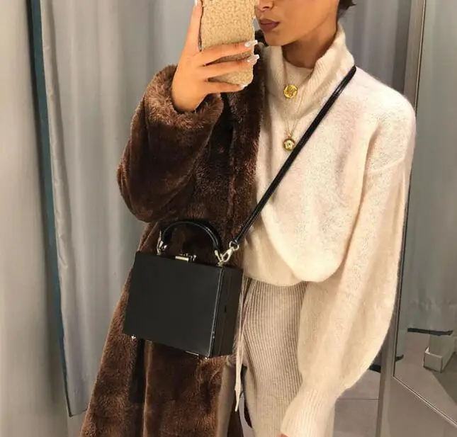 2019 Winter Women Turtleneck Fuzzy Sweaters Lantern Sleeves Beige Color Furry Crop Sweater Tops | Женская одежда