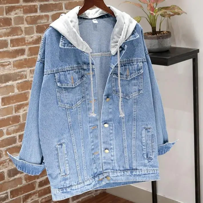 Джинсовая куртка оверсайз для женщин свободная джинсовая с капюшоном пальто