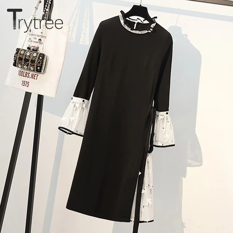 Женское платье-трапеция Trytree черное/Белое Повседневное платье-рубашка до колена