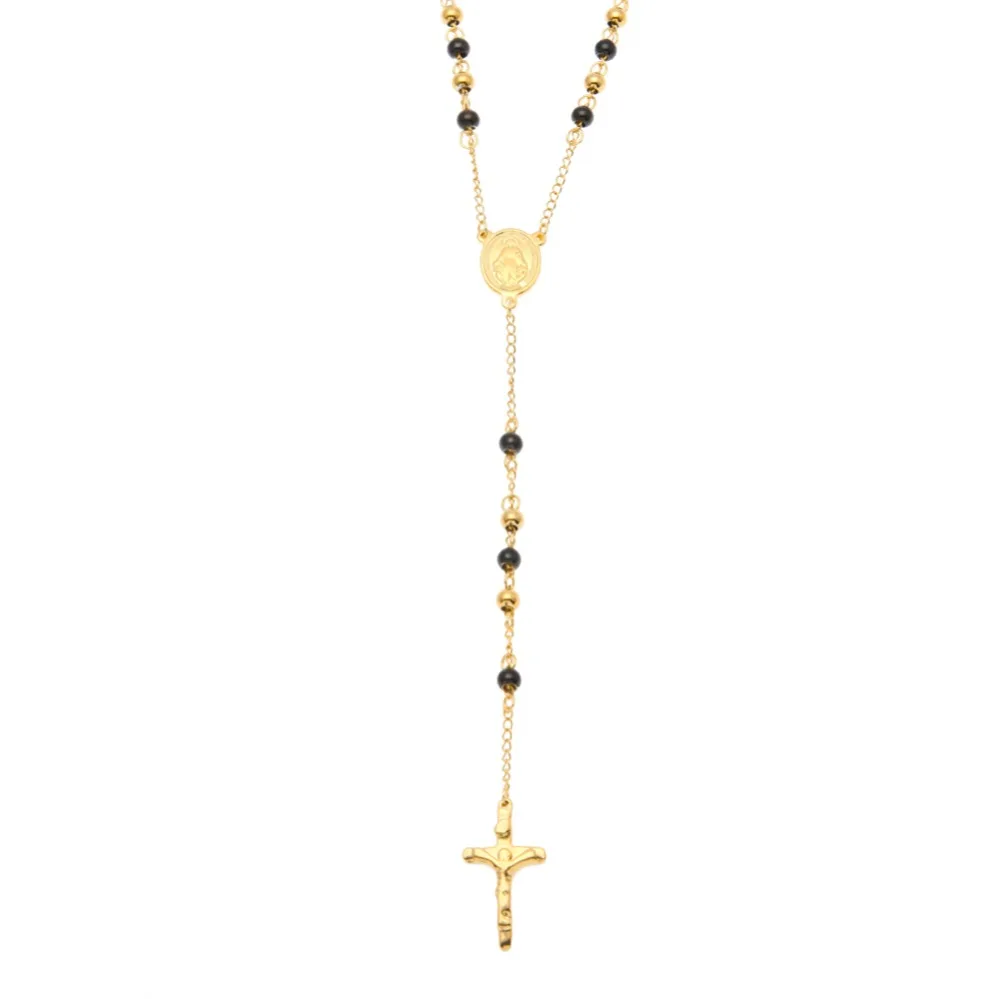 Золотой Черный тон католический крест Иисуса четки из бусин ожерелье богиня