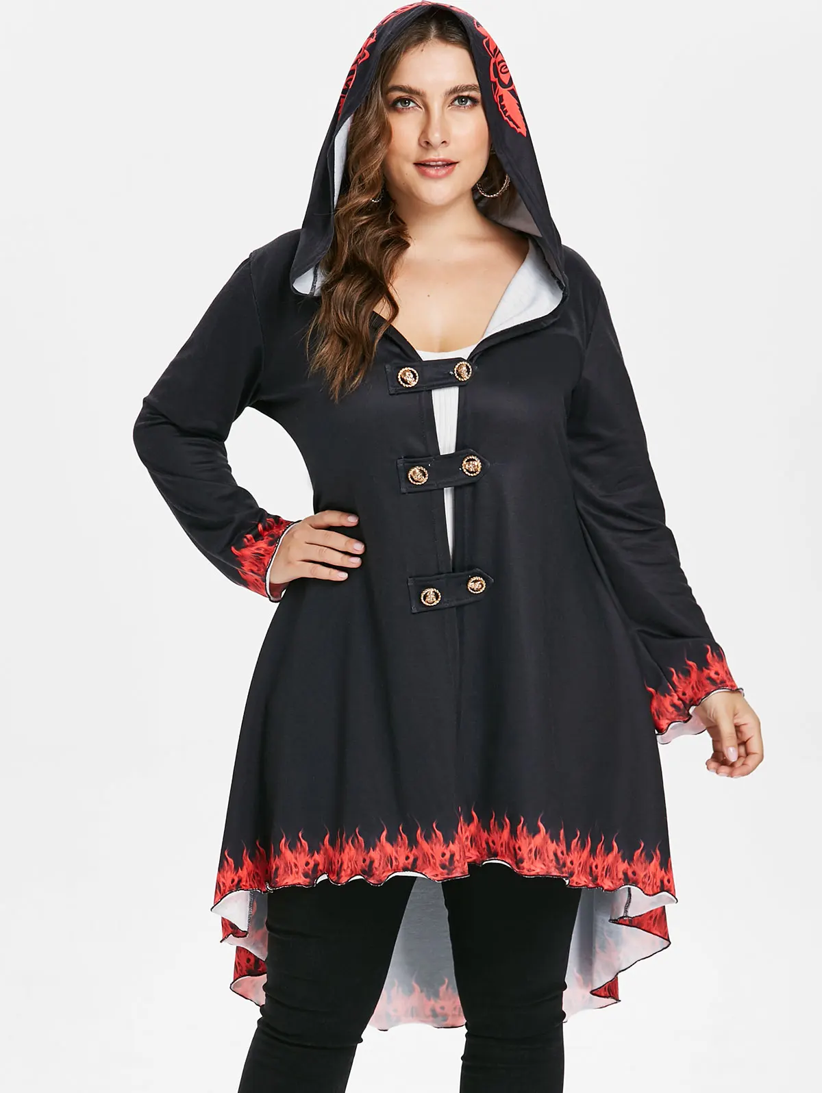 Wipalo Plus Size 3D Pattern Fire Print Buttoned High Low Hoodie Coat Sweatshirts Long Sleeves Cloak Winter Coats Outwear 5XL|Женские