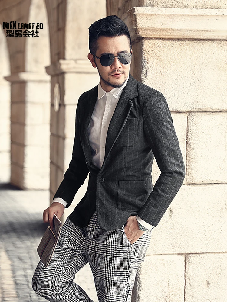 Новый зимний мужской костюм Блейзер slim fit повседневный шерстяной